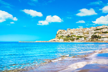 Peschici village and beach, Gargano peninsula, Apulia, Italy.