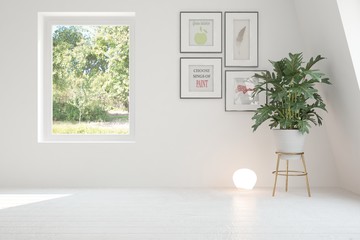 Idea of white room with sofa and summer landscape in window. Scandinavian interior design. 3D illustration