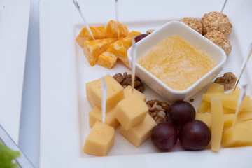 An overhead photo of a selection of cheeses,