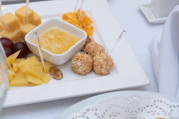 An overhead photo of a selection of cheeses,