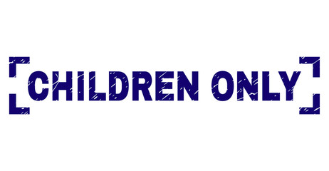 CHILDREN ONLY text seal print with corroded texture. Text caption is placed between corners. Blue vector rubber print of CHILDREN ONLY with grunge texture.