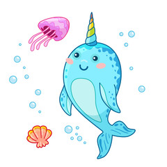 Cute cartoon kawaii narwhals with rainbow horn, funny kids character, jellyfish and shell, cheerful smile, vector cute illustration © MarySan