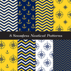 Nautical Navy Blue, Yellow and White Vector Patterns with Anchors, Compasses and Chevron. Royal Blue Marine Theme Backgrounds. Repeating Pattern Tile Swatches Included.