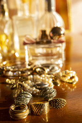 gold jewels on a wooden plane