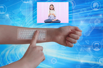 Hand with digital implants and microchips under the skin, digital communication technologies, futuristic technology with biometric implants