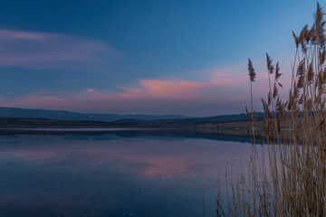 Milada lake in winter cold evening in north Bohemia