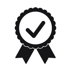 Black icon approved or certified medal. Isolated on white background. Flat design vector illustration.