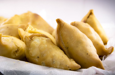 Vegetarian samosas filled with potato and green pea.Indian special traditional street food