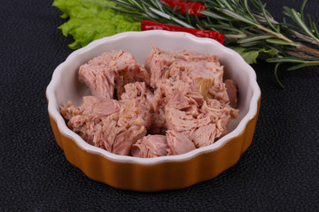 Tasty canned tuna fish in the bowl