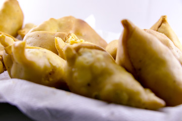 Vegetarian samosas filled with potato and green pea.Indian special traditional street food