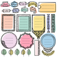 Bullet journal hand drawn vector elements for notebook, diary and planner. Cute doodle frames set isolated on white background. 