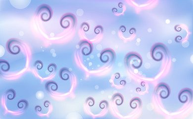 Motley blurs for Valentines day, chaotic background pink hearts. Love symbol soft pastel light purple, ultraviolet tones. Bokeh blue background. Vector illustration for graphic web design backdrop