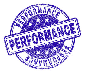 PERFORMANCE stamp seal watermark with distress texture. Designed with rounded rectangles and circles. Blue vector rubber print of PERFORMANCE text with unclean texture.