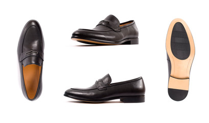 Close up of a black men penny loafers shoes on white background. Fashion advertising shoes photos.
