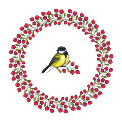 Bright vector floral wreath with leaves and berries isolated on