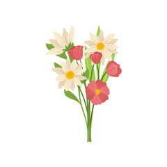 Gorgeous bouquet of spring flowers with green leaves. Nature and botany theme. Detailed flat vector design