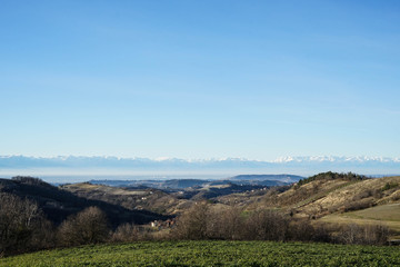Fototapeta na wymiar Langhe hills and Monviso during the winter , Piedmont - Italy