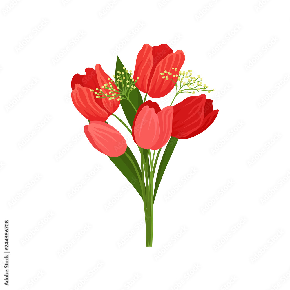 Canvas Prints Bouquet of fresh tulips with red petals and green leaves. Beautiful garden flower. Nature theme. Flat vector design