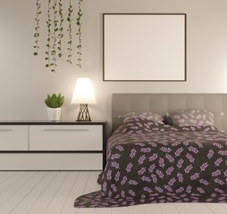 Bedroom with a blank frame for photo. 3D rendering