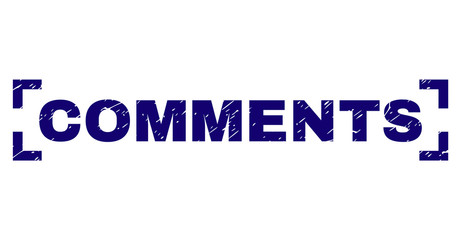COMMENTS title seal print with grunge style. Text title is placed inside corners. Blue vector rubber print of COMMENTS with grunge texture.