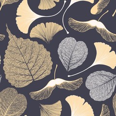 High detail skeleton leaf vector seamless pattern