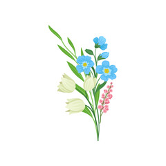 Fototapeta na wymiar Bouquet of spring flowers with green leaves. Nature and flora theme. Flat vector design for greeting card