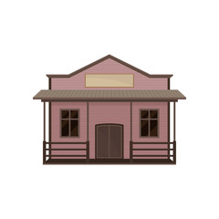Small western house with porch and blank signboard. Old wild west saloon. Wooden building. Flat vector icon