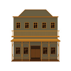 Two-storey western house with wood swinging doors, porch and balcony. Old wooden building. Flat vector design