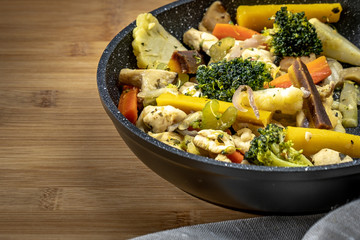 Wok with chicken meat and vegetables