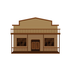 Western house with swinging doors, porch and balcony. Old wild west saloon. Historical building. Flat vector icon