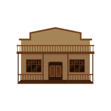 Western house with swinging doors, porch and balcony. Old wild west saloon. Historical building. Flat vector icon