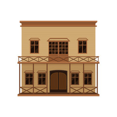 Big western house with wood swinging doors and porch. Two-storey wooden building with balcony. Flat vector icon