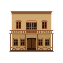 Big western house with wood swinging doors and porch. Two-storey wooden building with balcony. Flat vector icon