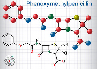 Phenoxymethylpenicillin (penicillin V) antibiotic drug molecule. Structural chemical formula and molecule model. Sheet of paper in a cage