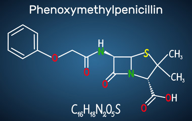 Phenoxymethylpenicillin (penicillin V) antibiotic drug molecule. Structural chemical formula on the dark blue background