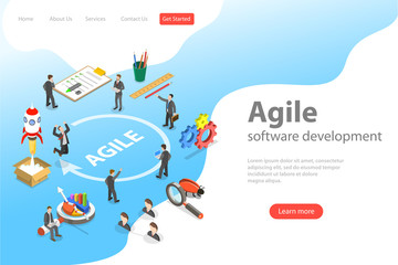 Flat isometric vector landing page of agile software development, product design methodology.