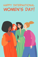 Vector illustration of happy young women of different nationalities. Cute characters for greeting cards and banners for International Women's Day