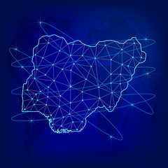 Global logistics network concept. Communications network map Nigeria on the world background. Map of  Nigeria with nodes in polygonal style. Vector illustration EPS10. 