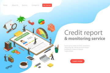 Obraz premium Flat isometric vector landing page template of personal credit score information, financial rating.