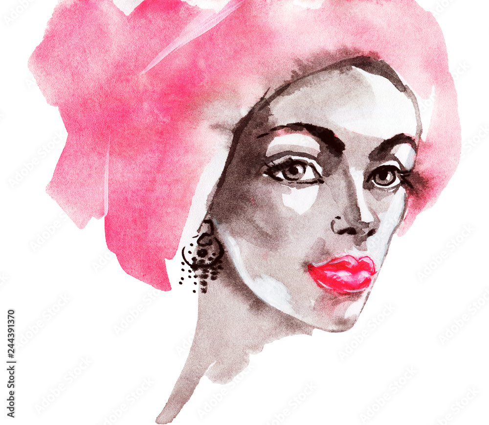 Wall mural Watercolor beauty young woman. Hand drawn portrait of african girl. Painting fashion illustration on white background