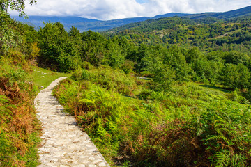 Beautiful view of the hiking trail leading to the national Park and famous sights of Georgia Okatse (Okace) Canyon located near Kutaisi. Zeda-gordi caucasus region, Georgia.