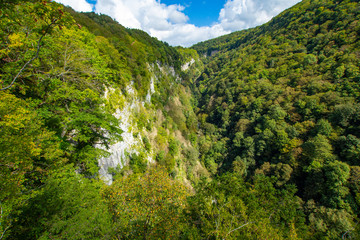 Beautiful view of the hiking trail leading to the national Park and famous sights of Georgia Okatse (Okace) Canyon located near Kutaisi. Zeda-gordi caucasus region, Georgia.