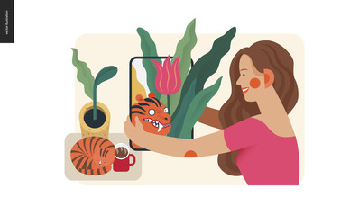 Technology 2 -Augmented reality, modern flat vector concept digital illustration -augmented reality metaphor -woman with tablet. Creative landing web page design template