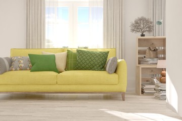 Idea of white minimalist room with sofa. Scandinavian interior design. 3D illustration