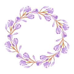 Fototapeta na wymiar Illustration of watercolor hand drawn round frame with plumeria flowers isolated on white background. With space for your text. Wedding invitations, greeting cards, postcards. 