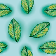 Illustration of watercolor hand drawn pattern with colorful green leaves. Summer, Spring or Autumn background.