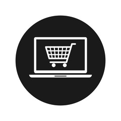 Online shopping cart laptop icon flat black round button vector illustration