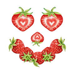 Illustration of watercolor hand drawn  red fresh strawberries funny face. Summer fruit background. Organic food. Exotic, tropical. Vegetarian. Cartoon smile.