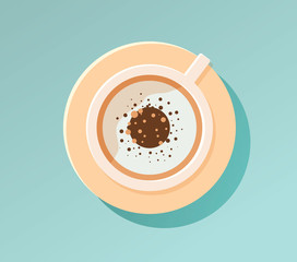 Cappucino illustration. Drink illustration. Capuccino cup of coffee. Brown drink for breakfast with cream. Aroma beverage with milk. Flat illustration.