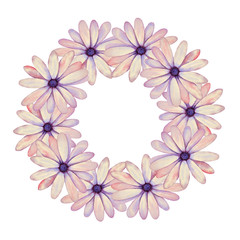 Illustration of watercolor hand drawn floral round frame with purple wildflowers.  Asters, daisy, gerbera, chrysanthemum, camomile. Delicate flower wallpaper. Spring background. Retro, vintage.